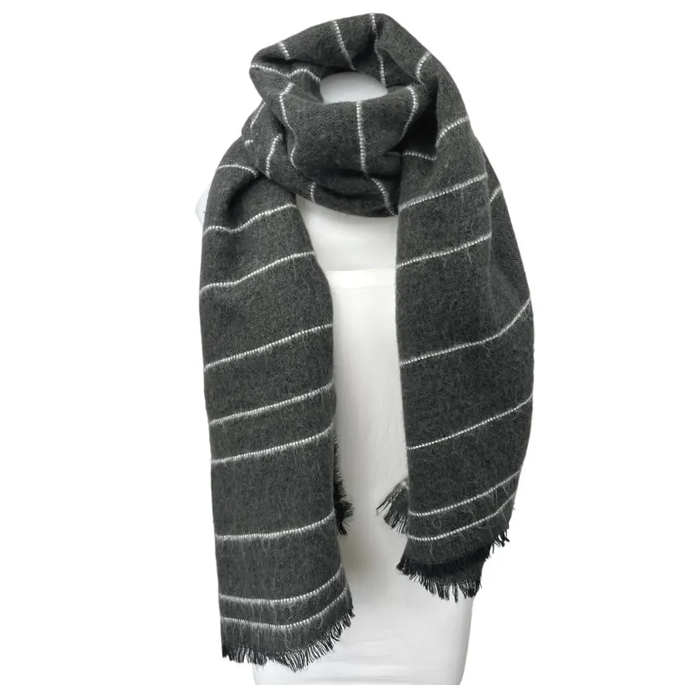 Zara Women's Black Gray Striped Knit Fringe Shawl Wrap Scarf Size M